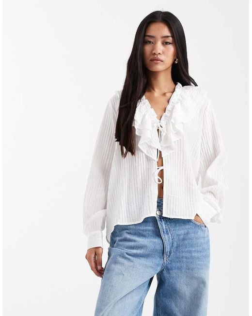 Vero Moda Blue Tie Front Frill Neck Boho Blouse