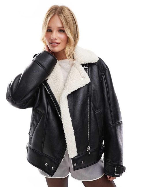 Bershka Black Shearling Trim Aviator Jacket