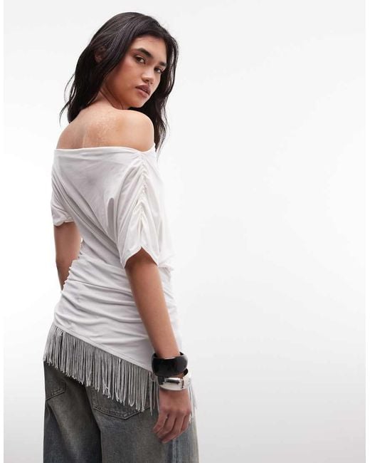 Reclaimed Vintage Gray Jersey Off Shoulder Top With Fringing