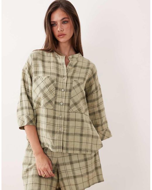 Barbour Brown Orla Co-ord Short Sleeve Linen Oversized Collarless Tartan Shirt
