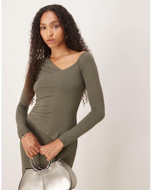 ASOS Natural Long Sleeve Asym Neck Twist Side Midi Dress