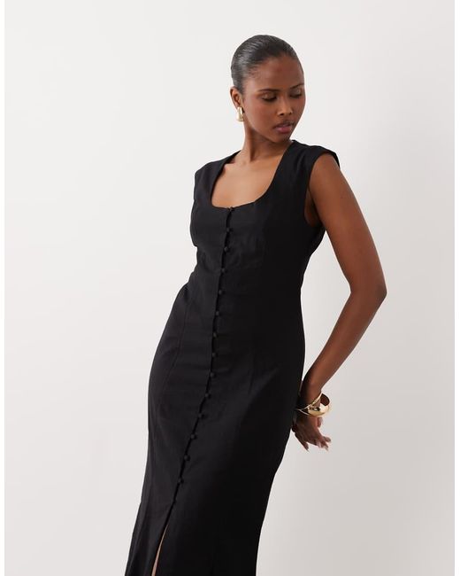 ASOS Black Square Neck Button Down Midi Sundress