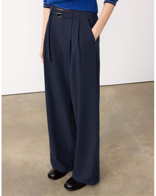 Stradivarius Blue Smart Wide-Leg Trousers With Buckle Detail