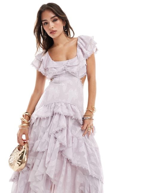 ASOS Pink Jacquard Bardot Maxi Dress With Tiered Skirt And Lace Trim