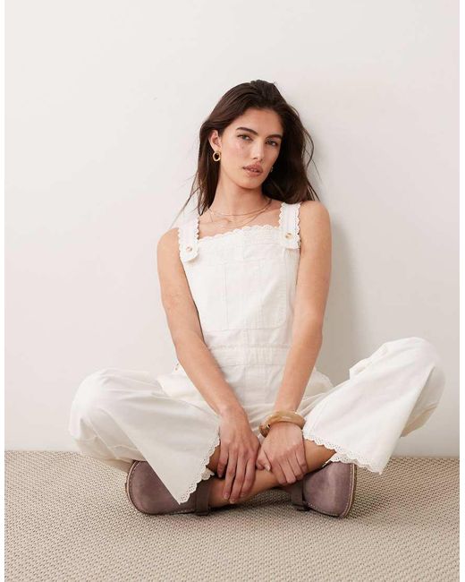 Abercrombie & Fitch Natural Overall Jumpsuit With Lace Trim