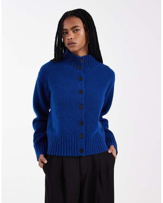 4th & Reckless Blue Exclusive Wool Feel Funnel Neck Button Through Cardigan