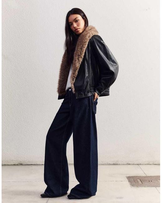 Bershka Blue Faux Leather Jacket With Faux Fur Collar
