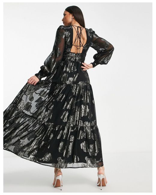 ASOS Asos Design Tall - Midi-jurk Met Metallic Print, Aangerimpelde Details, Pofmouwen En Strikbandjes Op in het Black