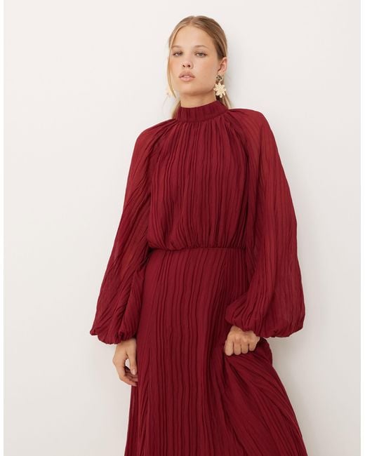 ASOS Red High Neck Crinkle Maxi Dress With Blouson Sleeve