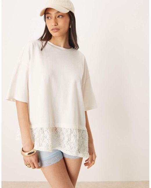 Camiseta Blanca De Corte Cuadrado Extragrande Con Detalle De Encaje En El Bajo De -Blanco ASOS de color White