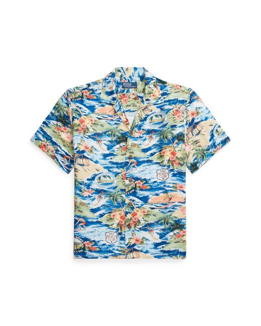 Polo Ralph Lauren – kurzärmliges, mehrfarbiges hemd aus rayon mit reverskragen, klassischer passform und surf-landschaftsprint in Blue für Herren