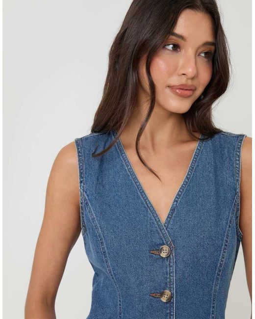Threadbare Blue Denim Longline V-Neck Waistcoat