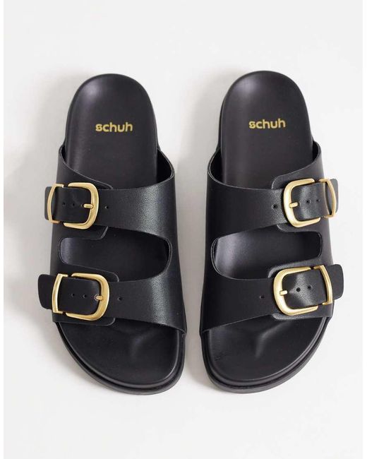 Schuh Black Trish Double Buckle Flat Sandal