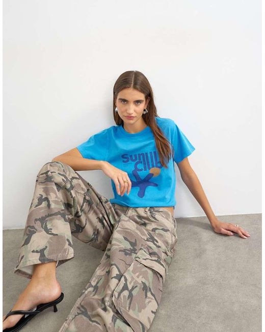 TOPSHOP Blue 'sun Club' Graphic Oversized T-shirt