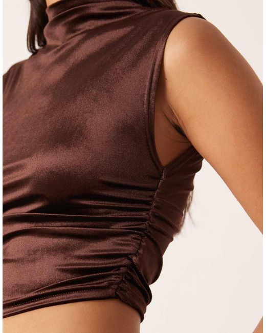 NARRATED Brown Ruched High Neck Crop Top