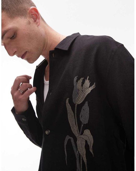 Camicia Nera A Maniche Lunghe Con Ricamo Sul Davanti di Topman in Black da Uomo