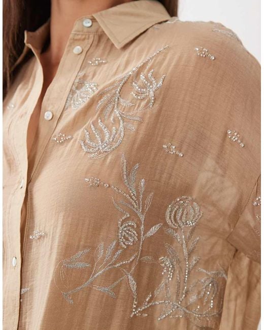 Mango Brown Sheer Oversized Shirt With Embellishment