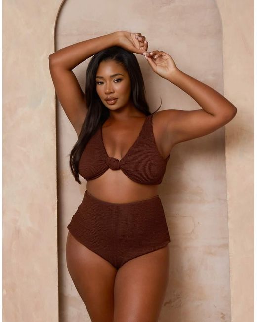 Moda Minx Curve Brown X Alessa Tyrrell-charles Scrunch Bralet Bikini Top With Knot Detail