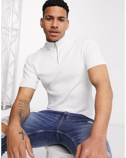 River Island – T-Shirt mit Stehkragen und kurzem Reißverschluss in White für Herren