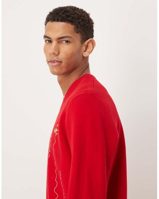 House Of Sunny Red More Spaghetti Jacquard Knit V-neck Jumper for men