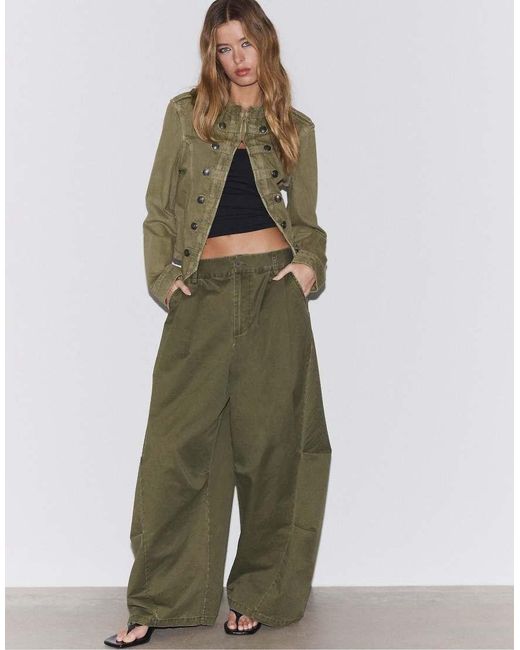 Stradivarius Green Twill Jacket With Buttons