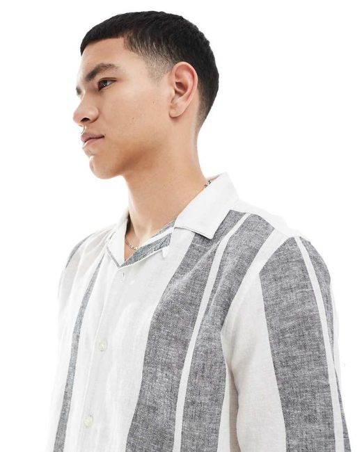 Camisa A Rayas Azul Marino Con Cuello De Solapas De Mezcla De Lino De Only & Sons de hombre de color White