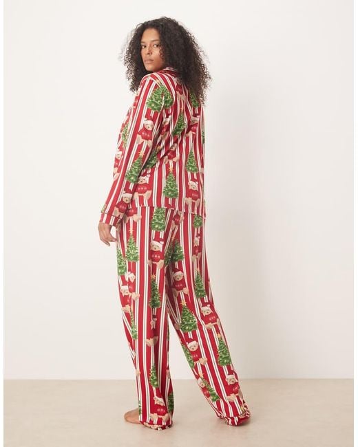 Chelsea Peers Red Curve Poly Long Sleeve Revere Pyjama Set