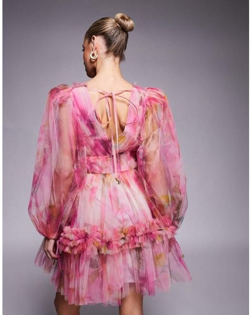 LACE & BEADS Pink Balloon Sleeve Organza Mini Dress