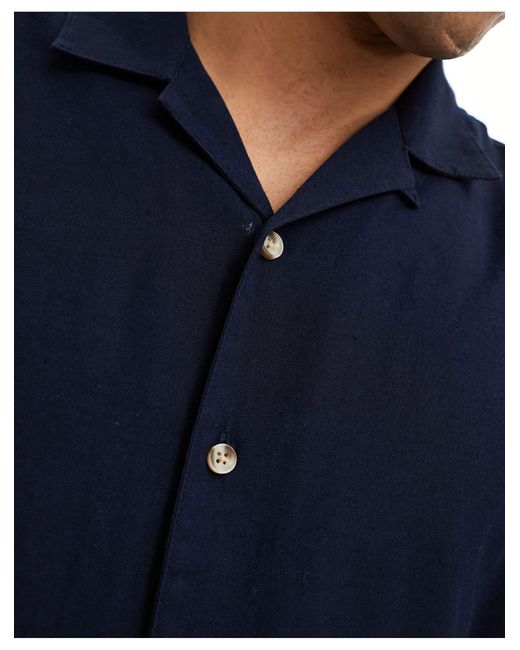 Brave Soul Blue Linen Blend Revere Collar Shirt for men