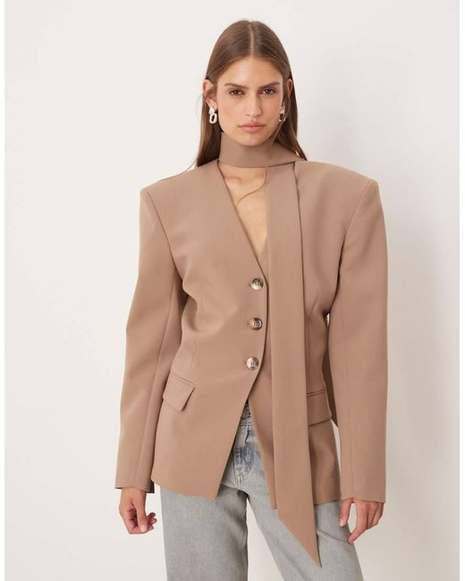 ASOS Natural Cinch Shoulder Pad Blazer With Scarf Co Ord