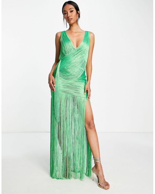 ASOS Drape Fringe Maxi Dress With Wrap Detail in Green Lyst
