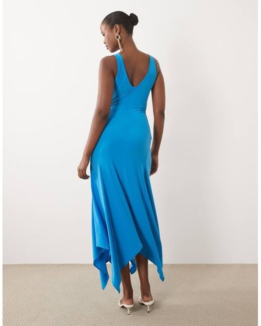 ASOS Blue V Neck Hanky Hem Midi Dress