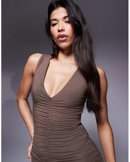Wanderdoll Purple Tate Sculpting Second Skin Plunge Neck Ruched Detail Sleeveless Maxi Dress