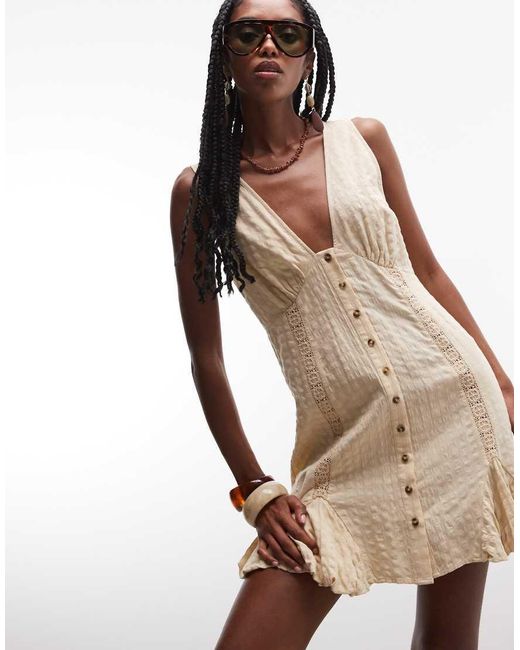 ASOS Natural V Neck Mini Button Down Mini Dress With Lace Trims And Godets