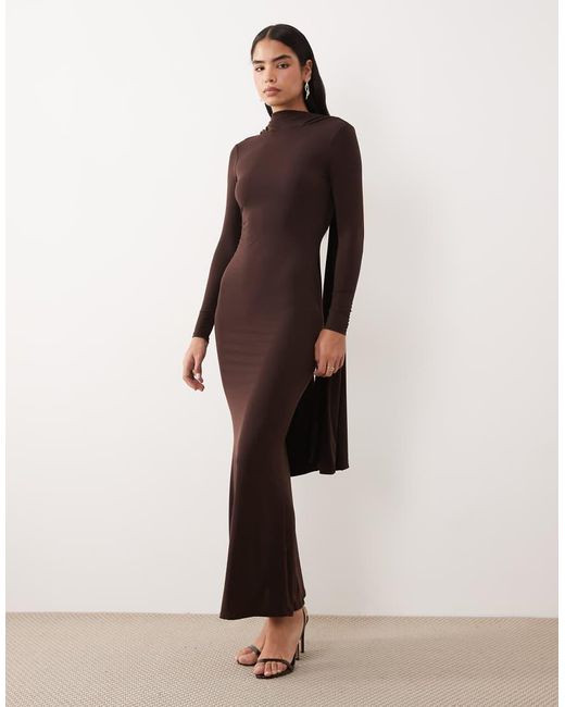 ASOS Brown Slinky Long Sleeve Maxi Dress With Extreme Cape Shoulder Detail