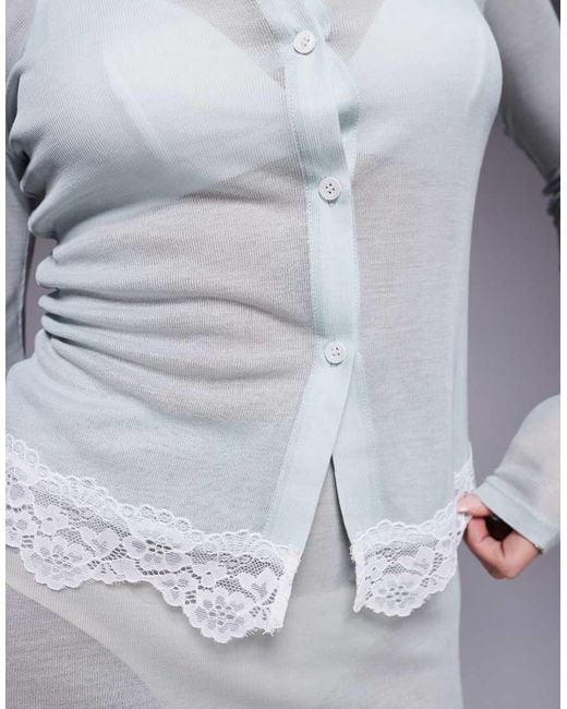 ASOS Gray Honey Semi Sheer Sleepwear Button Up Cardigan With Lace Trim