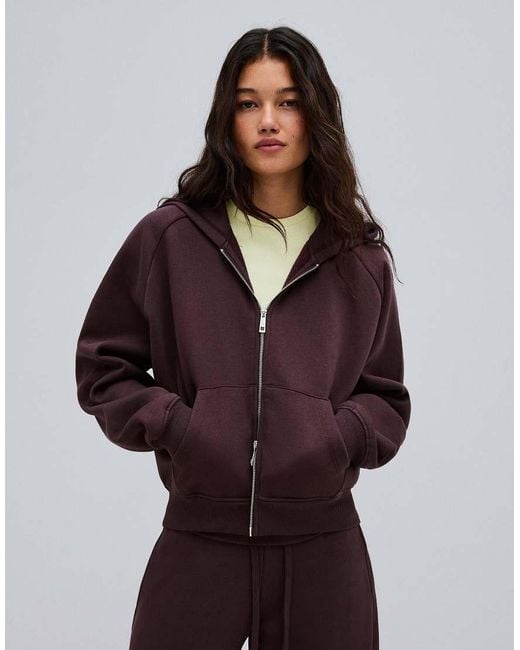 Bershka Brown Zip-up Plush Hooded Jacket