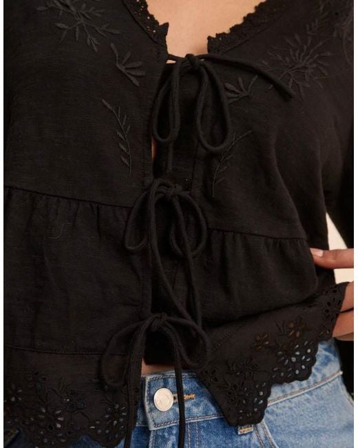 Nobody's Child Black Embroidered Tie Front Blouse
