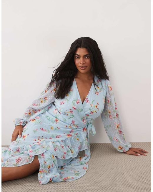 Vila Curve Blue Dobby Wrap Maxi Dress With Frill Detail