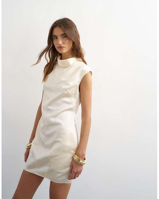 TOPSHOP White Satin Funnel Neck Tulip Mini Dress