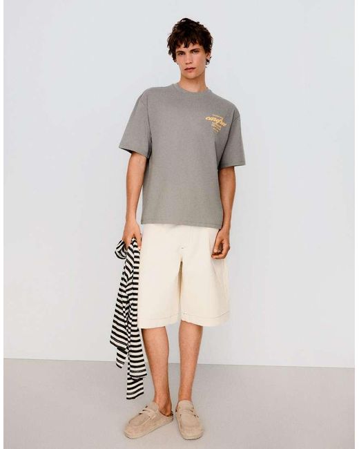 Bershka Gray Boxy Fit Print T-shirt for men