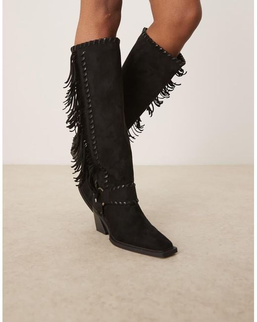 ASOS Black Cristina Western Fringe Knee Boots