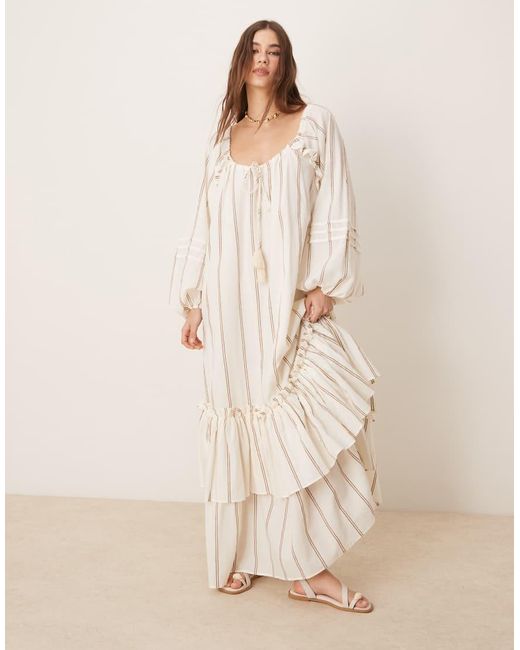 ASOS Natural Maxi Dress With Ruched Channel Neckline And Tiered Hem