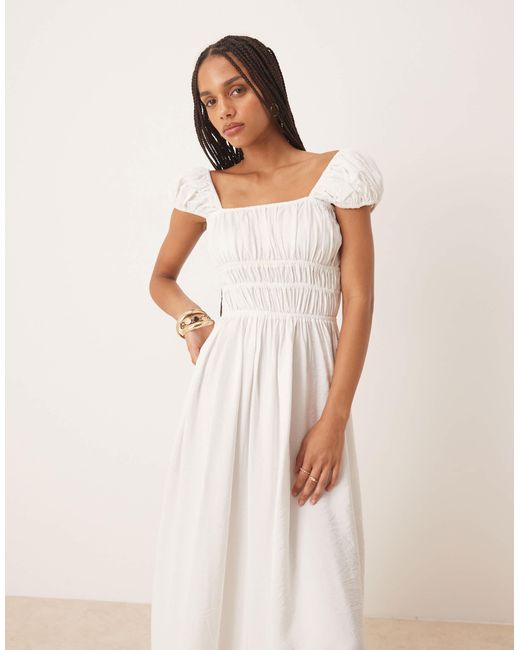 ASOS Natural Square Neck Short Sleeve Midi Dress With Cinched Channel Waist