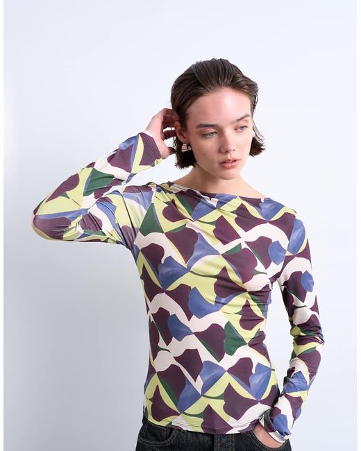 TOPSHOP White Microfibre Painted Geo Print Long Sleeve Top