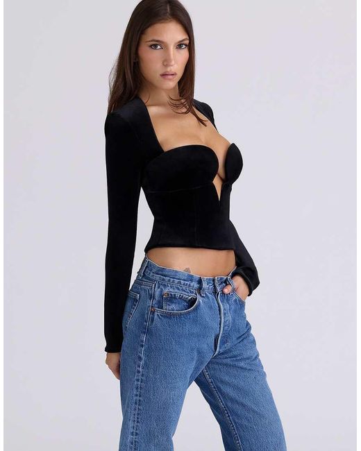 House Of Cb Blue Sierra Velvet Deep Plunge Corset Top
