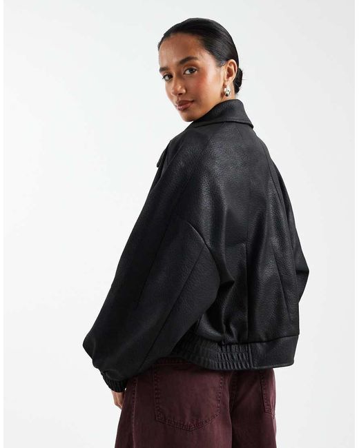 ASOS Black Asos Design Petite Leather Look Moto Bomber Jacket