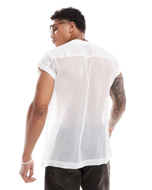 ASOS White Relaxed Sleeveless Sheer Shirt With Embellish Buttons for men