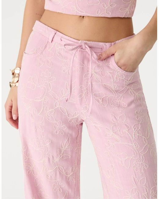 Stradivarius Pink Linen Blend Embroidery Detail Pants