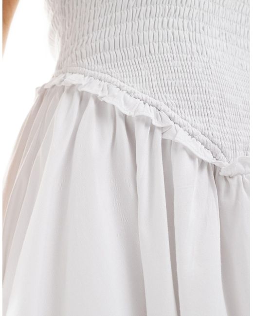 Glamorous White Drop Waist Shirred Mini Dress
